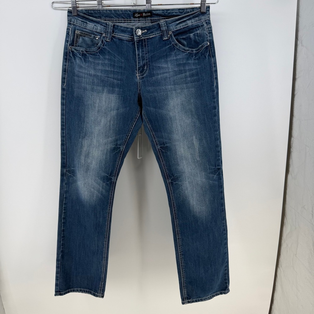 Love Nation Jeans Womens 14 Blue Embroidered Rhinestone Y2K‎ McBling Grunge Edgy